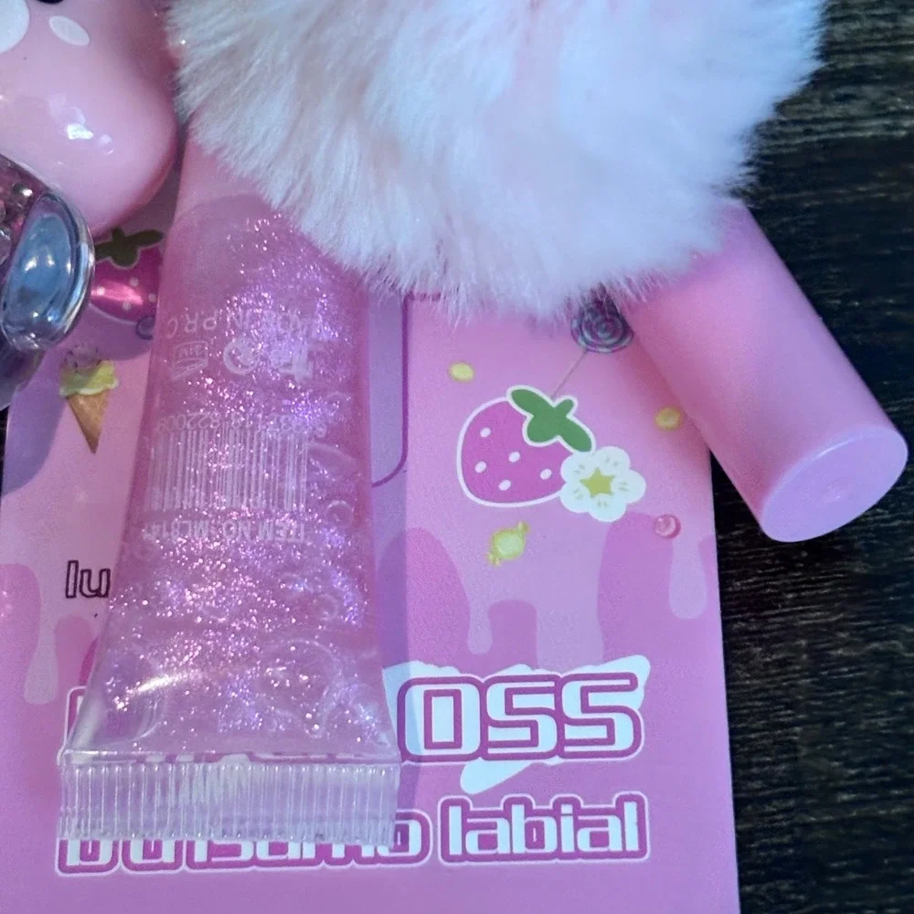 Pink Bear Lip Gloss Balm Set Pom Pom Keychain Y2K Kawaii Glitter Accessory